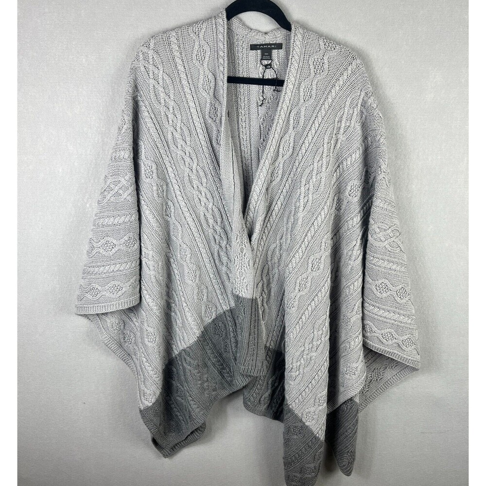 TAHARI Poncho Sweater Womens One Size Gray Open Front Cable Knit Flowey Draped
